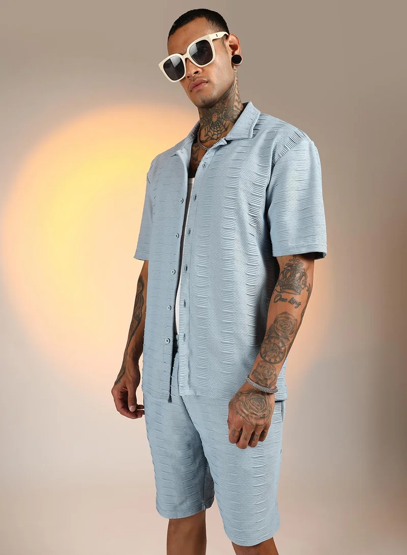 Campus Sutra Men's Powder Blue Ruche-Ribbed Co-Ord Set For Casual Wear | Spread Collar | Short Sleeve | Button Closure | Co-Ords Crafted With Comfort Fit For Everyday Wear